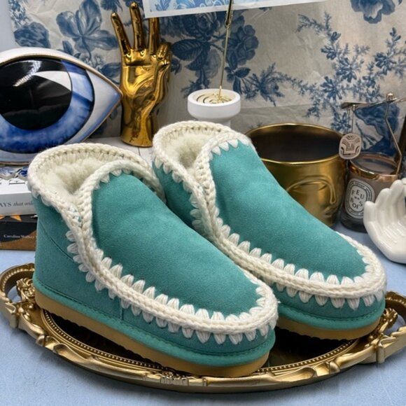 🆕 MOU 🧿 NWT WOB Teal Eskimo Ankle Boot, Cream Crochet Overstitch, Sz EU 35 - Picture 11 of 13